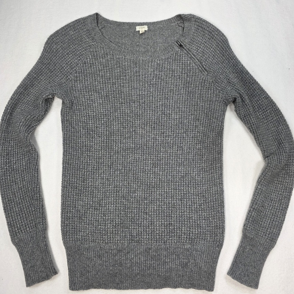 J Crew Women's Gray Waffle Knit Zippered Shoulder Wool Alpaca/Blend Sweater XS
